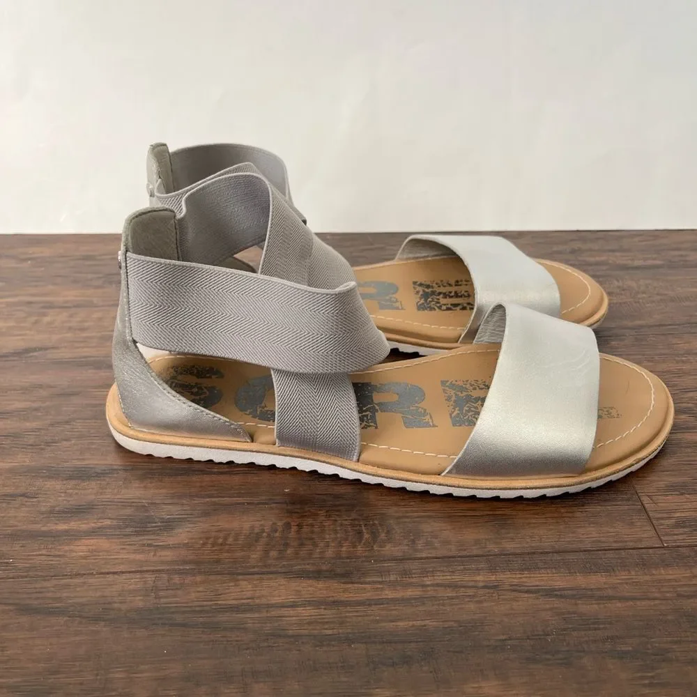 Sorel Ella Metallic Silver Strappy Leather Sandals Size 7.5